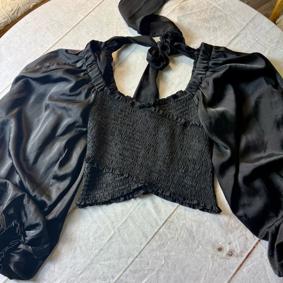 Silky Black Smocked Crop Top - Picture 1 of 4